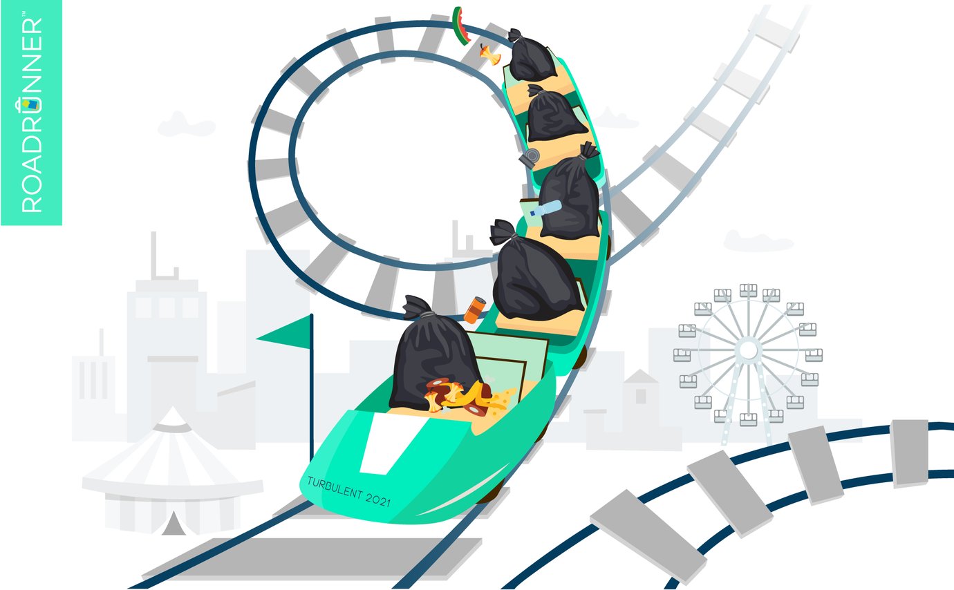 A green roller coaster doing a loop with black trash bags in every seat. (edited) 