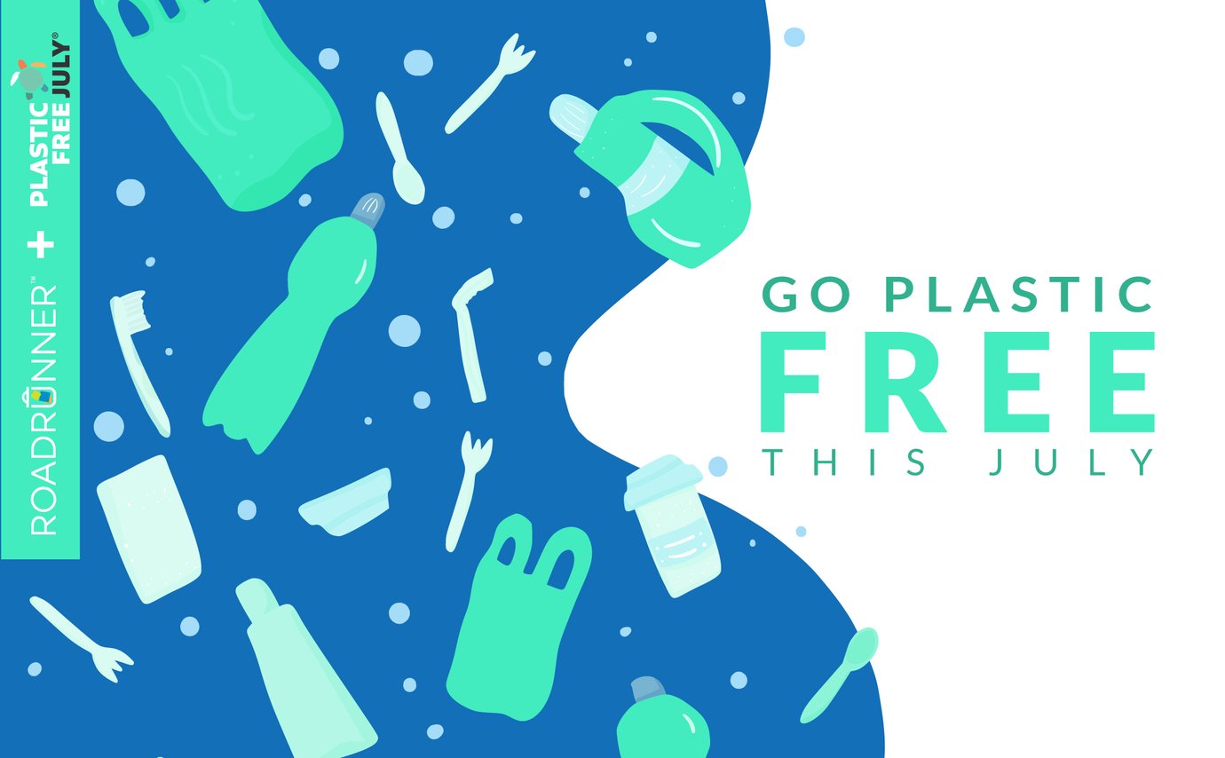 Plastic bottles, bags, coffee cups, and other single-use plastics celebrating Plastic Free July.