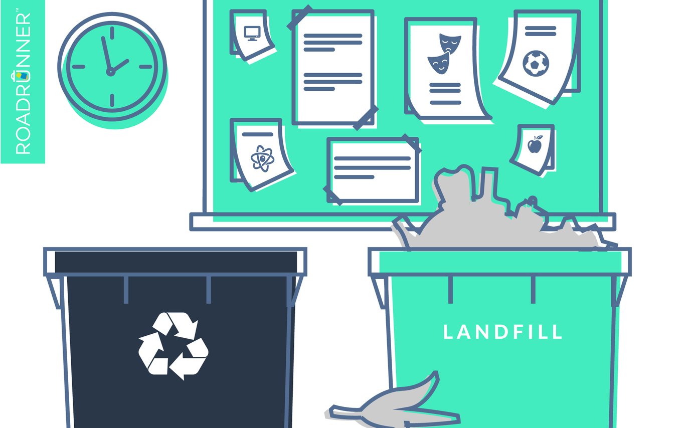 A black recycling bin and a green overflowing trash bin in front of a green bulletin board.