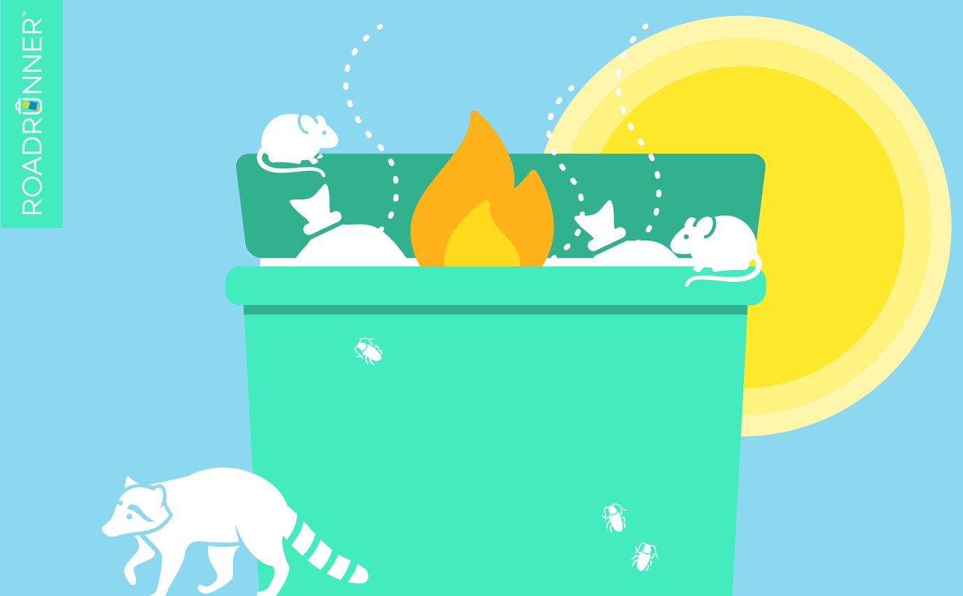 A green dumpster with rats and cockroaches crawling over it, fire burning inside it, and smells wafting from it against the background of a yellow sun.