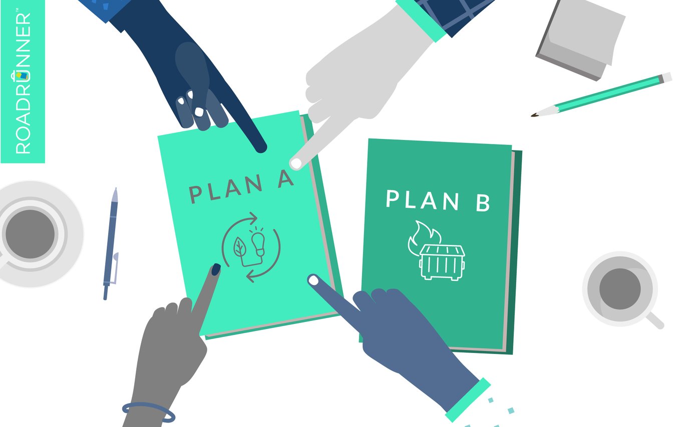 Four multi-colored hands pointing at a portfolio that says Plan A showing a light bulb and a leaf while a portfolio that says Plan B with a dumpster fire sits beside.
