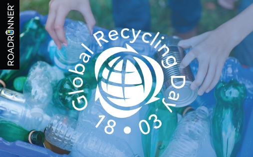 Global Recycling Day logo overlaying hands sorting plastic bottles and tin cans.