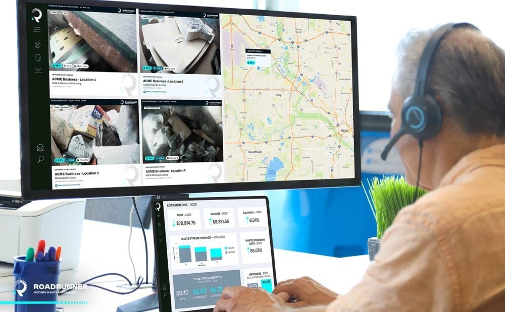 A manager reviews recent waste management metrics on a desktop computer.