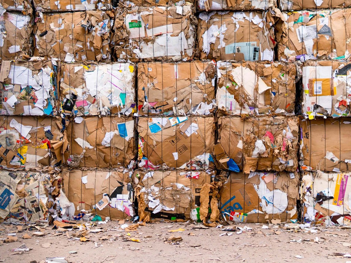 Stacked bales of recycled cardbaord