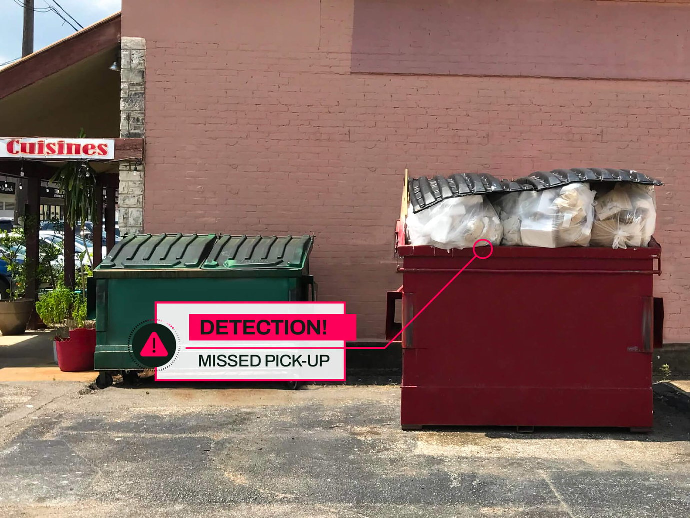 an overflowing dumpster with a graphic overlay that says 