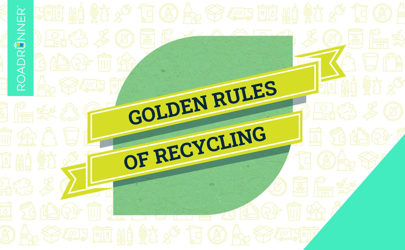 A leaf motif with a golden banner across that says Golden Rules of Recycling.
