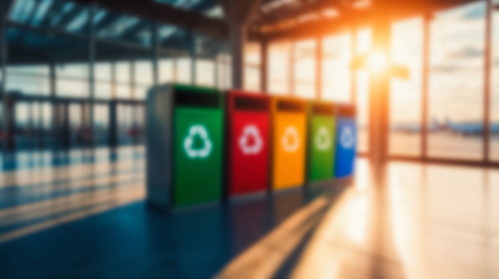 Bright recycling bins at an office park.