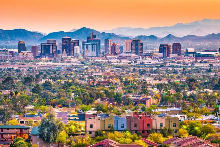 Downtown Phoenix, Arizona, including a cityscape and mountainscape.