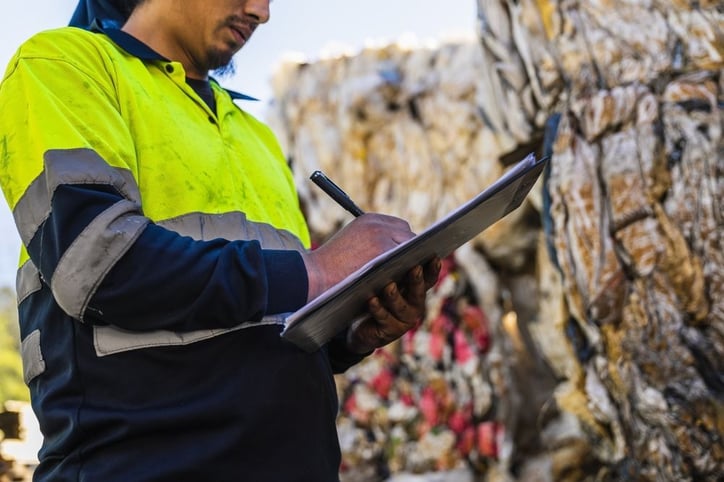 A waste management worker takes notes on his clipboard.
