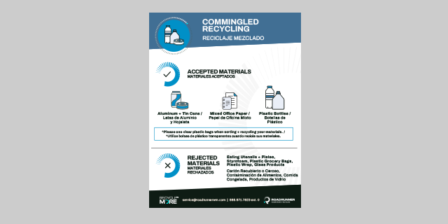 Commingled Recycling - No Glass label in the bilingual languages of English and Spanish