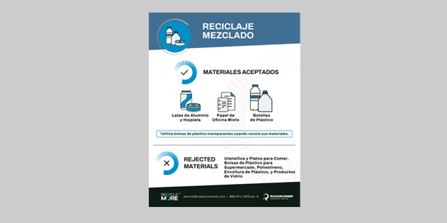 Commingled Recycling - No Glass label in the Spanish language